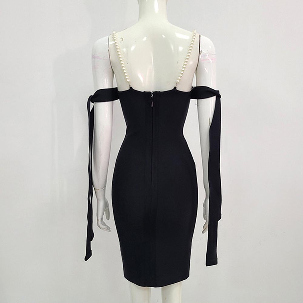 2024 New Elegant Black Beaded Spaghetti Strap Formal Bandage Dress for Women