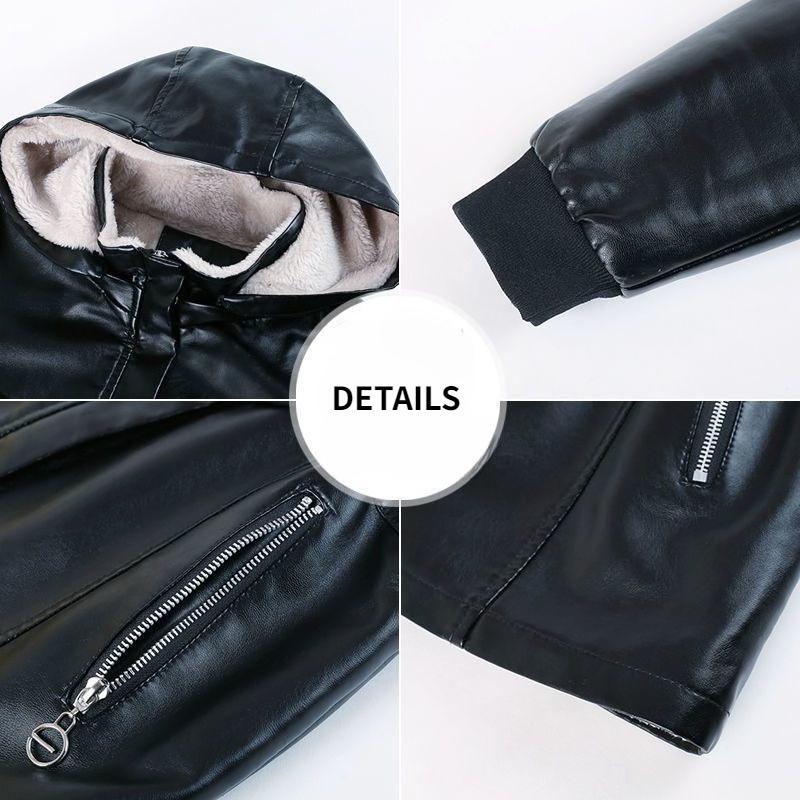 Autumn Winter Women's Fleece Leather Jacket Mid-Length Slim Fit PU Hooded Leather Jacket Flocked Thick Warm Leather Coat