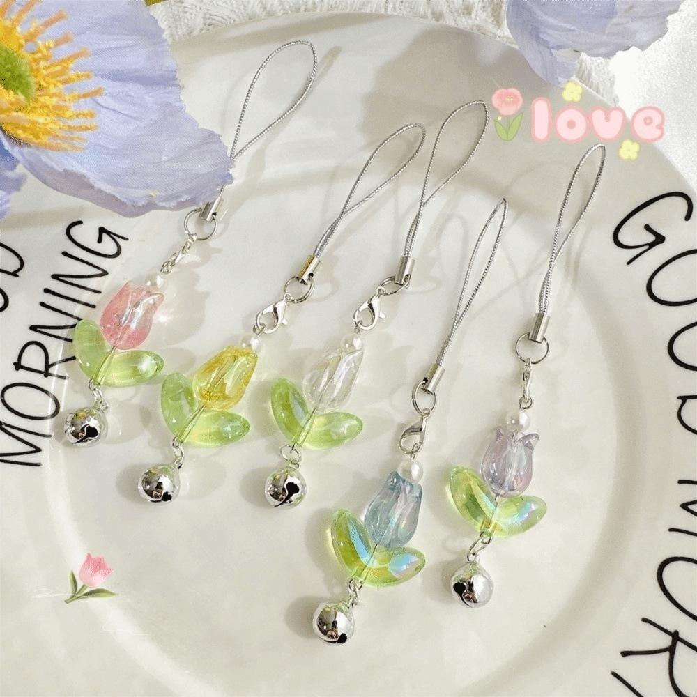 Hanging Cord Mobile Phone Lanyards with Bells Tulips Flower Hangings Pendant Tulip Phone Charm Bag