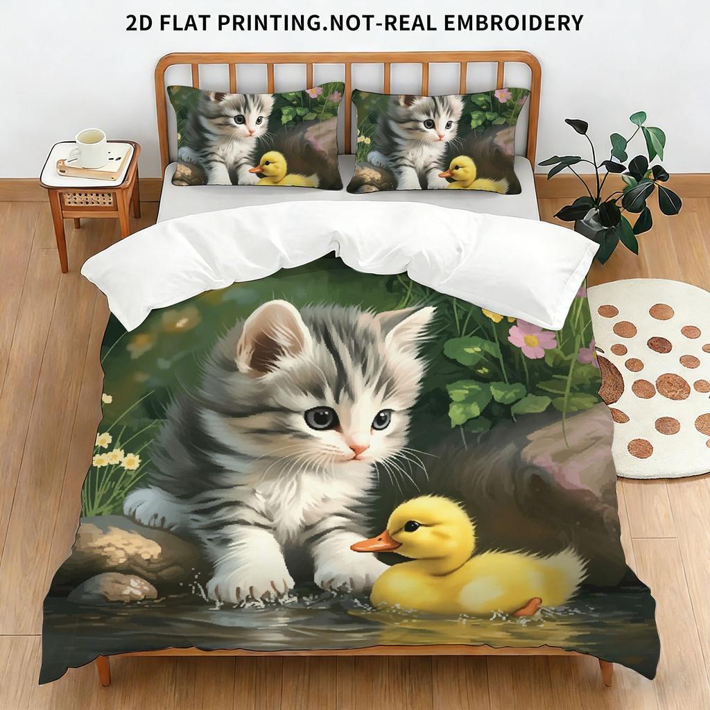Whimsical Black Cat Art Duvet Cover Set, Colorful Floral & Sun Print Bedding, 2D Flat Printed