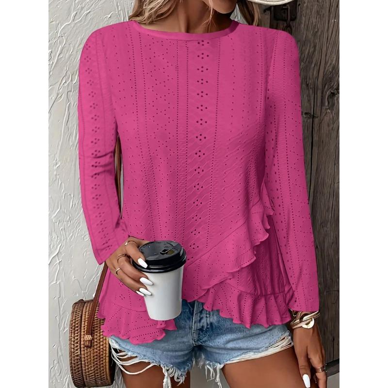 Nye vår- og sommerdameklær og avslappede ensfargede langermede t-skjorter med rund hals