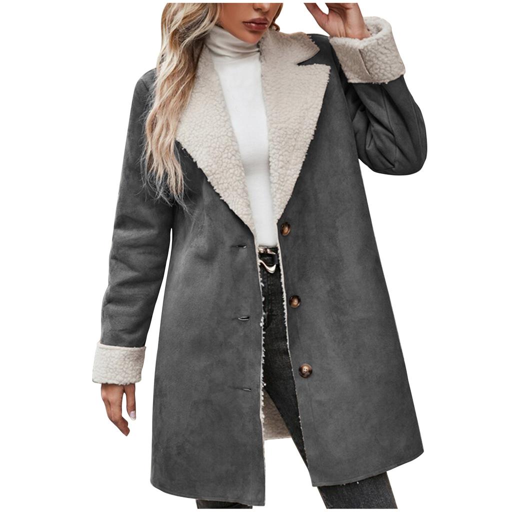 Women's Long Plush Lined Suede Coat with Fur Trim and Metal Buttons In Multiple Colors
