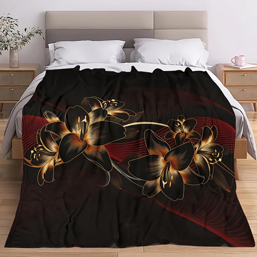 Comfortable Floral Theme Blanket Soft High-Definition Digital Print Black and Golden Elegant Flower Design All-Season Use! Soft Breathable 100% Polyes