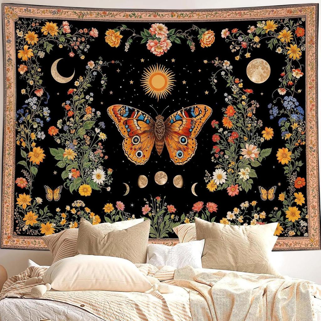 Mystical Moon Phase Butterfly Tapestry, Floral & Celestial Print with Wildflowers, Wall Decor for Nature & Witchy Rooms