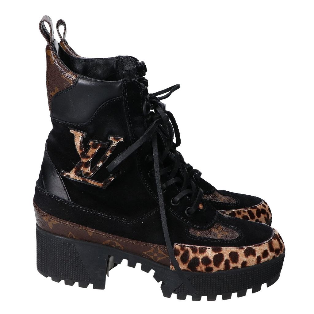 LOUIS VUITTON Monogram xhair calf lace-up boots shoes 38Used
