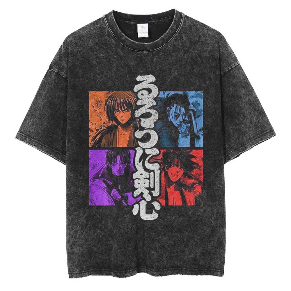 Harajuku Anime Rurouni Kenshin Himura Kenshin Print Tshirt Men Manga Oversized Tshirts Washed Cotton Tee Male Casual T Shirt