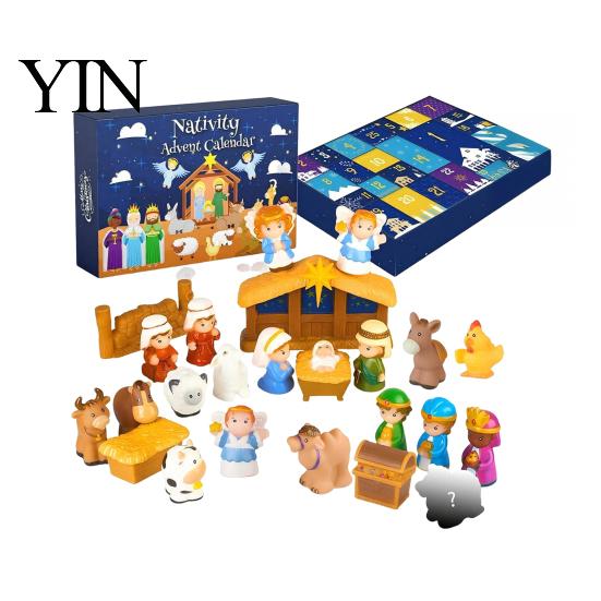 Plastic Christmas Countdown Ornament 24 Days Nativity Advent Calendar for Kids, Kids with Mini Figurines, Interactive Holiday Activities Children