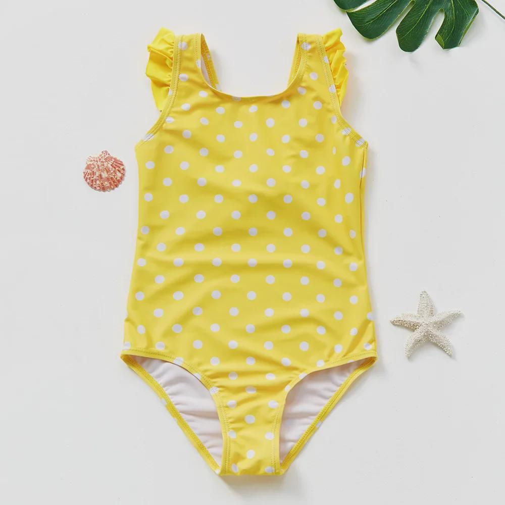 Girls' Polka Dot Swimsuit: Small & Medium, Ruffled Shoulder Strap, Bow-Accent One-Piece