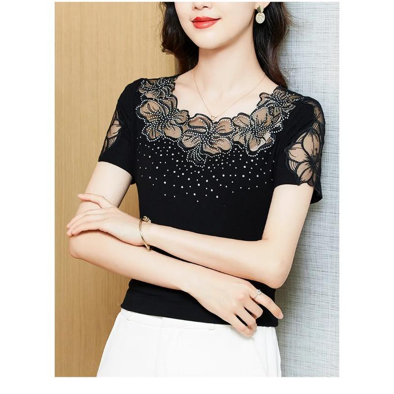 Summer Short Sleeved O Neck Women's T Shirt Elegant Slim Sexy Hollow Out Tees Drilling Mesh Lace