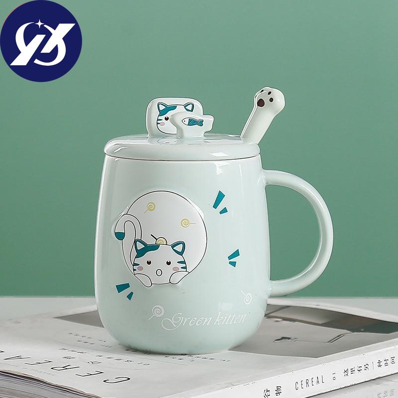 Kreative Keramik-Cartoon-Katze für Büro und Haushalt, Becher mit Deckel und Löffel