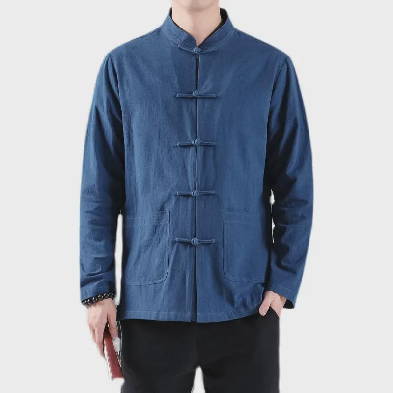 Men's Chinese-Style Linen Shirt: Hanfu-Inspired, Cotton Blend, Buttoned, Collared, Large Size Options Available.