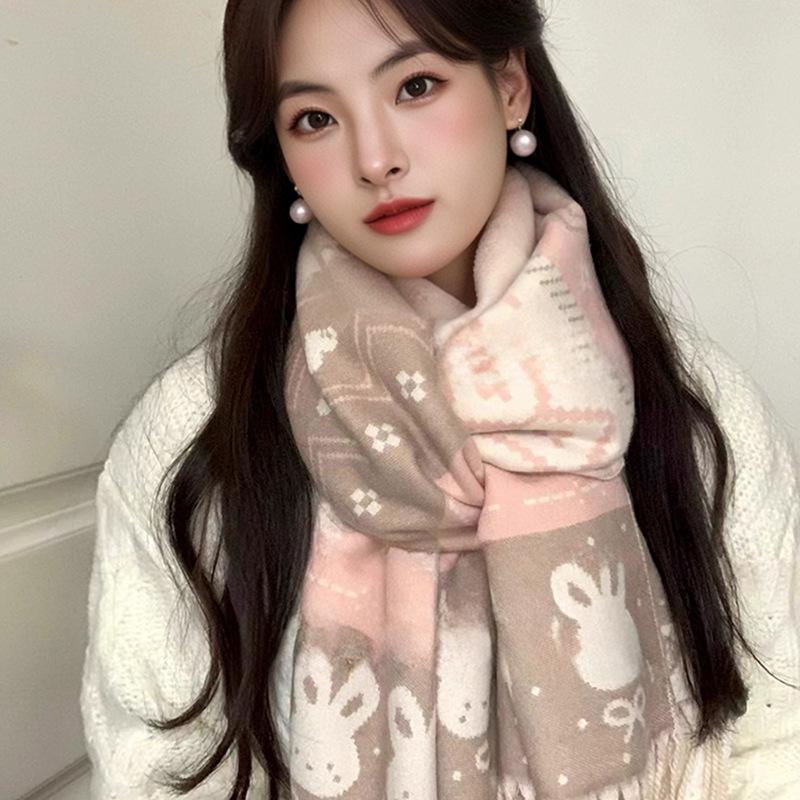 Three-color rabbit scarf, Korean retro fringed female autumn and winter student versatile warm atmosphere scarf