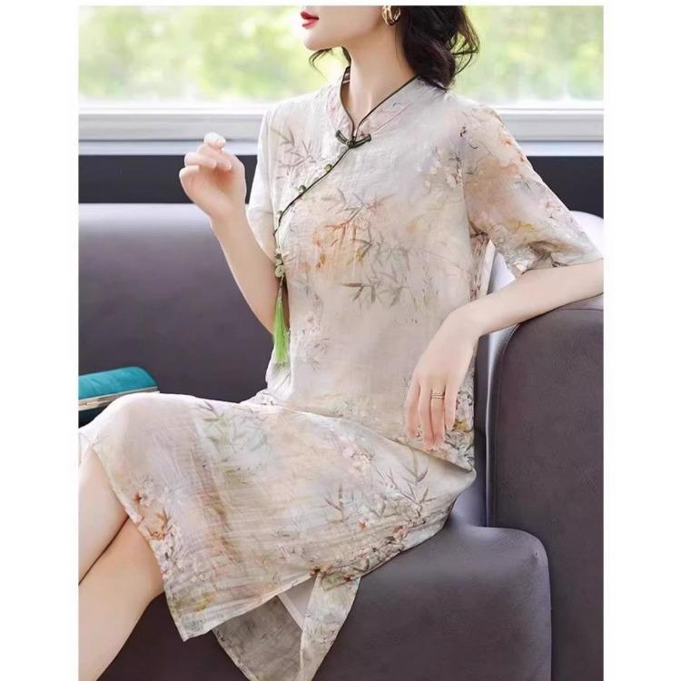 Luxury Silk Cheongsam Dress Chinese Style Modified for Women Short Sleeves Elegant Mother Dress Over Knee Length