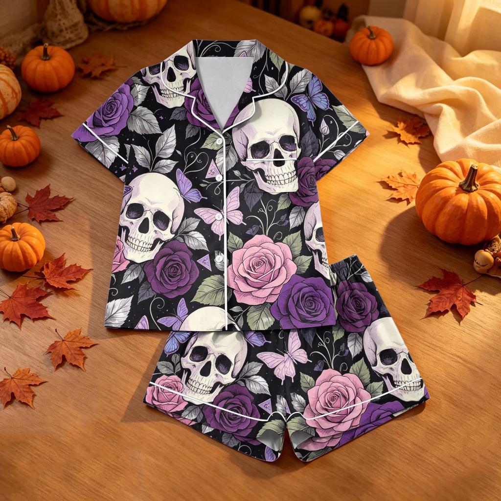 Damen Casual Halloween-Print Pyjama-Set, Zweiteilig Bequeme Nachtwäsche