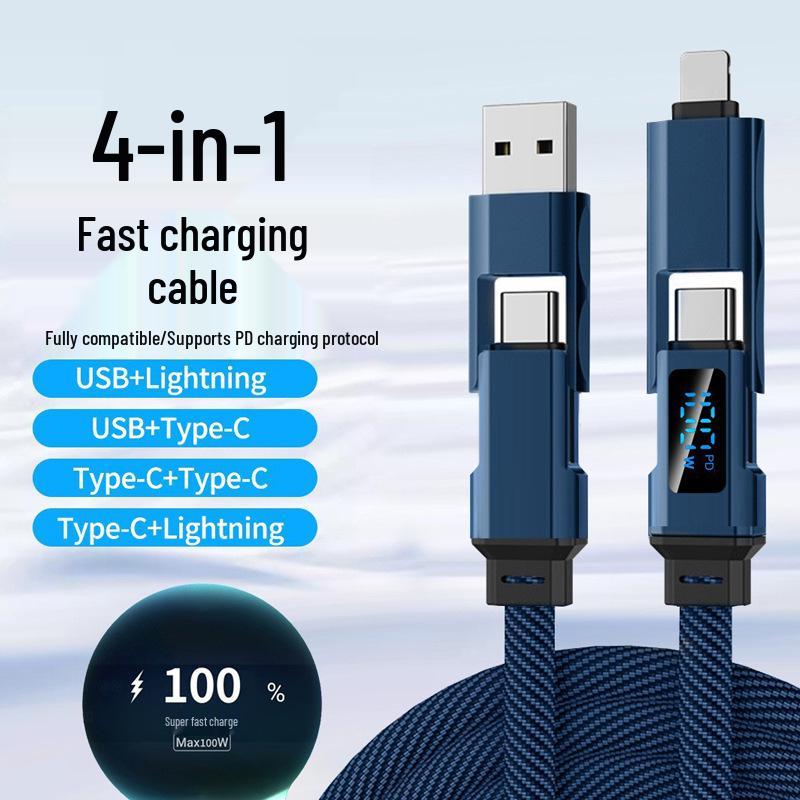 Universal Liquid Silicone 4-in-1 Fast Charging Cable with Digital Display for Phones, Tablets, and Laptops