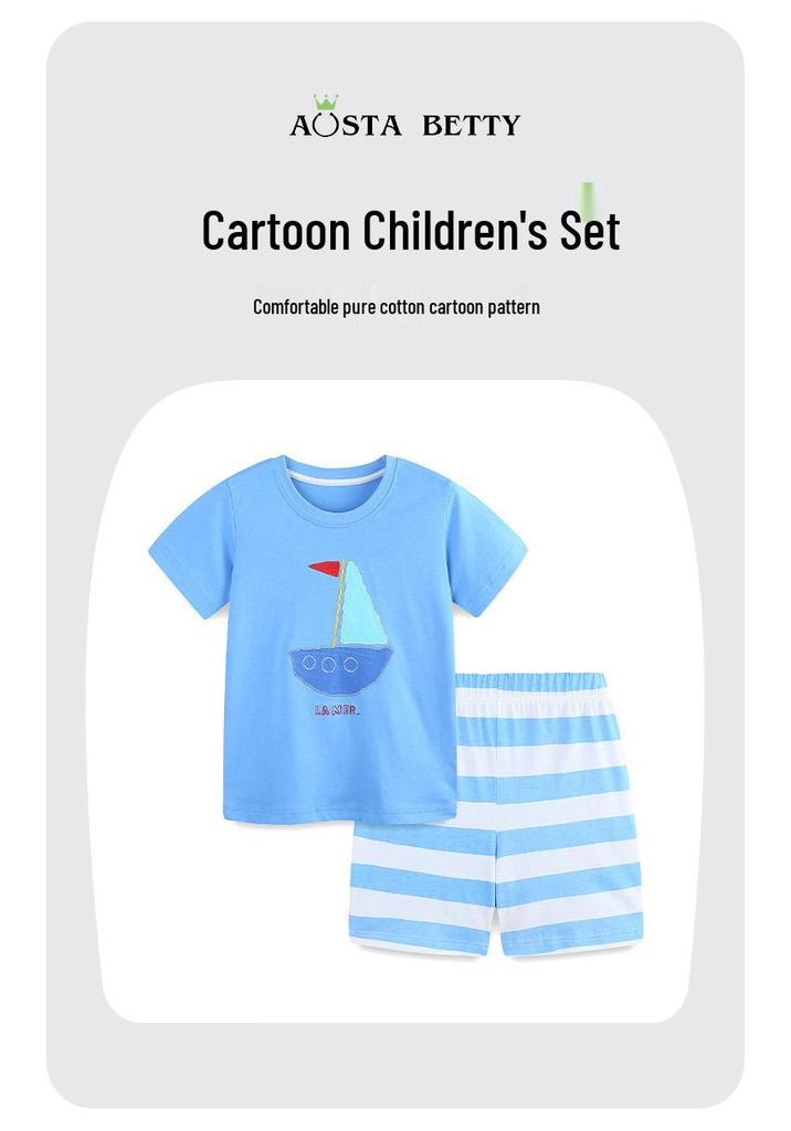 2025 Summer Boys' Sailboat Embroidered Short-Sleeve Two-Piece Set