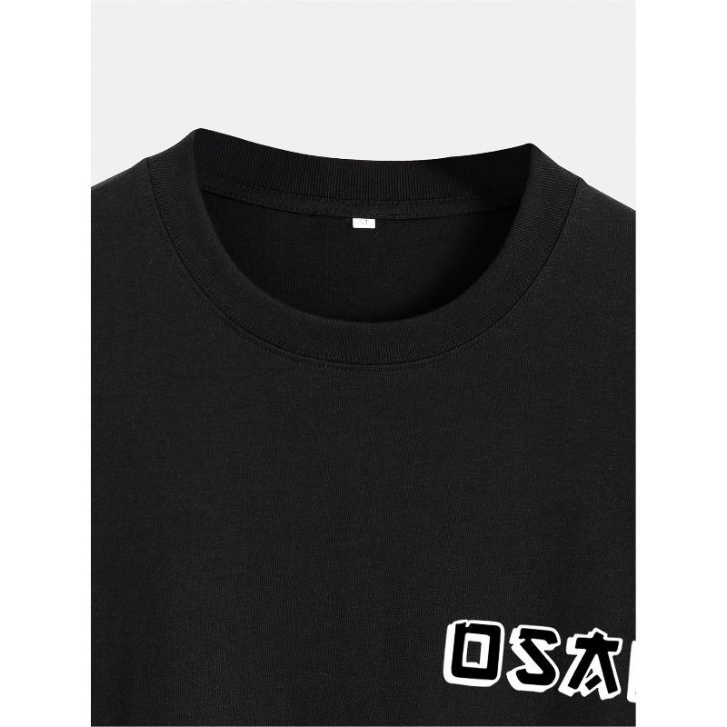 European Size T-Shirt, Casual Short Sleeve Round Neck T-Shirt with 'OSAKA' Design, Black Japanese Style Summer Outdoor Clothing
