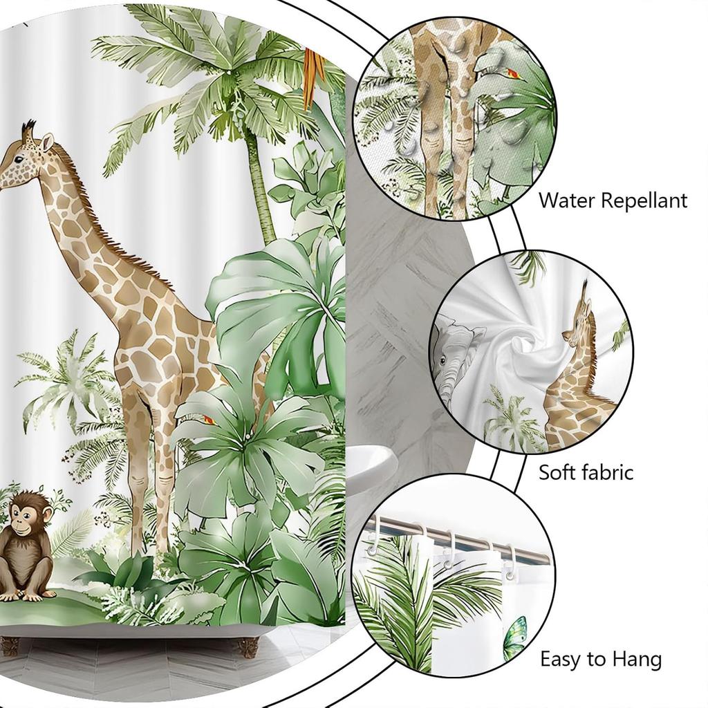 GAEJungle Animal Shower Curtain Forest Giraffe Elephant Rainforest Tropical Safari Green Plant Wildlife Parrot Watercolor Show