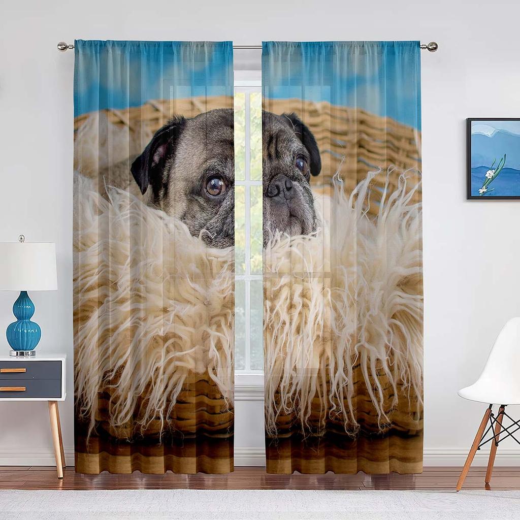 Pug Dog Wearing Glasses Portrait Sheer Voile Curtain Hand Drawn Cartoon Pet Animal Window Tulle Curtains for Living Room Bedroom