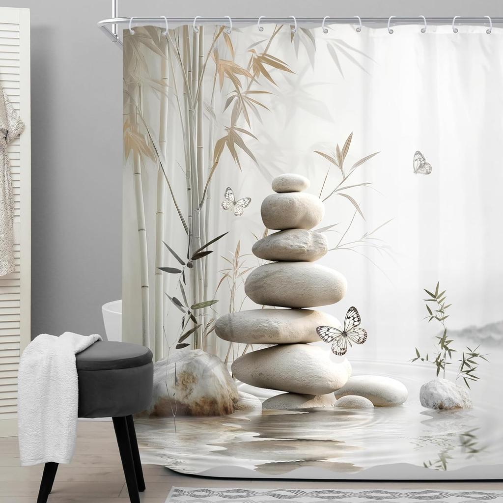 Zen Bamboo Shower Curtain Gray Butterfly Stone Pastel Meditation Relaxing Calming Botanical Plant Green Leaves Girly Bathroom