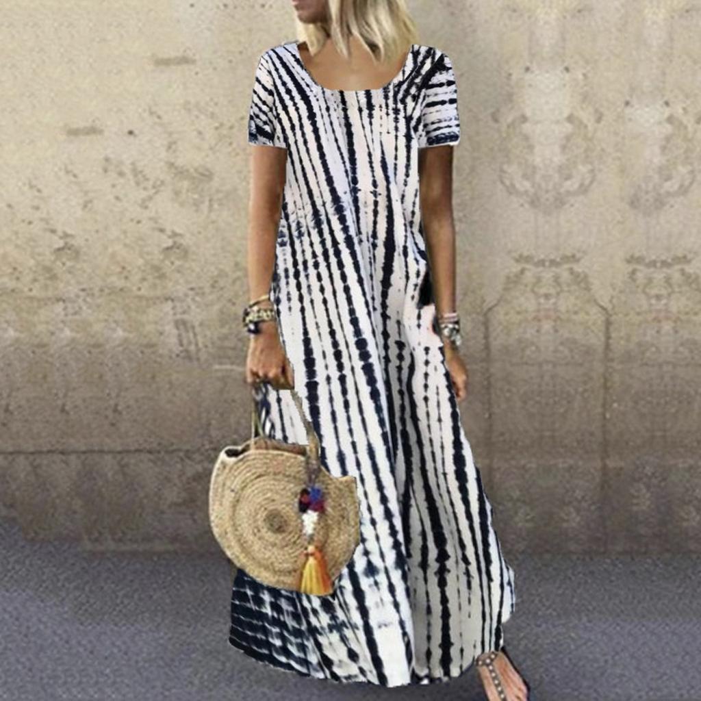 Women's Casual Loose Round Neck Short Sleeve Tie- Printed Long Hem Dress