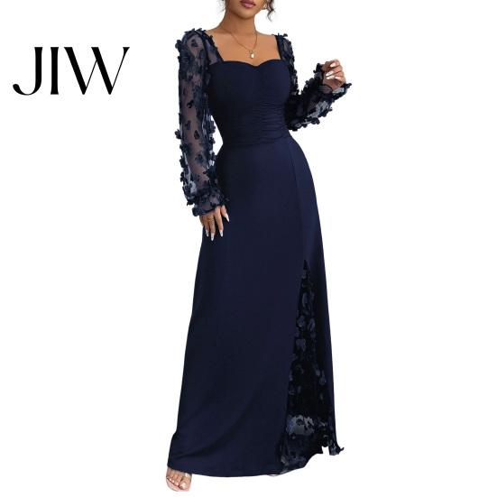 Einfarbiges Outfit Langarm-Kleid mit Blumenspitzenärmeln für Damen, Eckiger Ausschnitt Rüschen A-Linie Partykleid, Schmale Taille Maxi