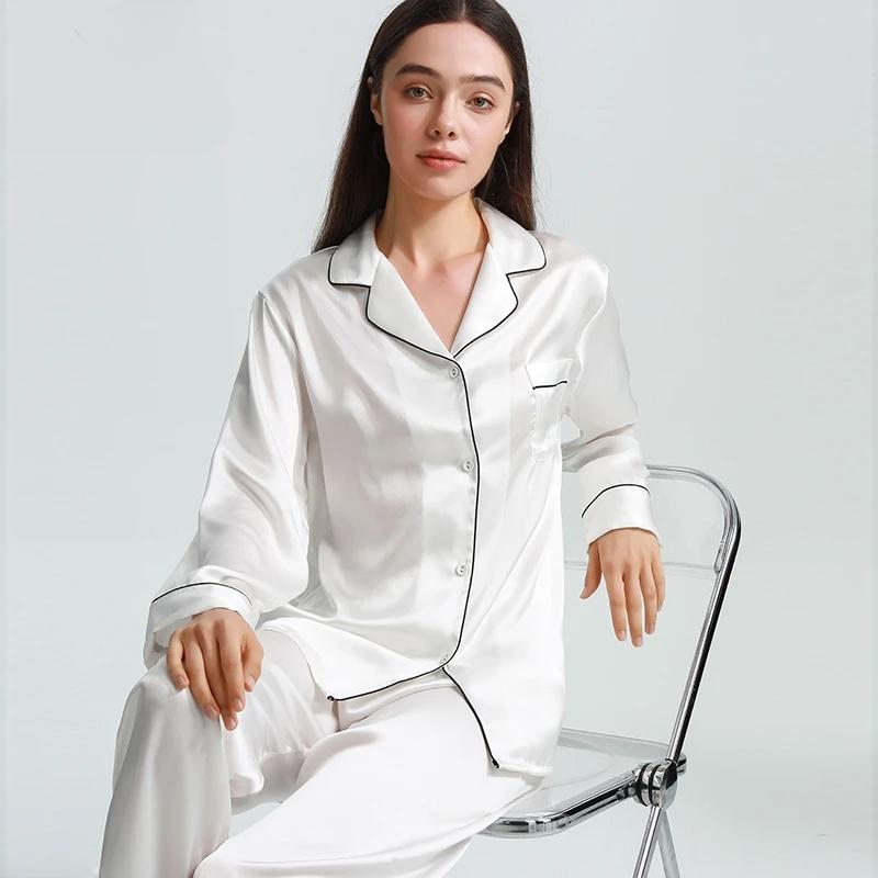 Pijamale Mătase de Dud Sexy Femei Mânecă Lungă Mărimi Mari Mătase Pantaloni Casual Pijamale M white