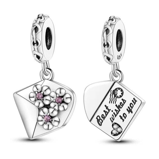 Fit Bracelet Inlaid Zircon Beads Charms 925 Silver Heart -Shape Colorful Dangle Pendants Bangle Jewelry