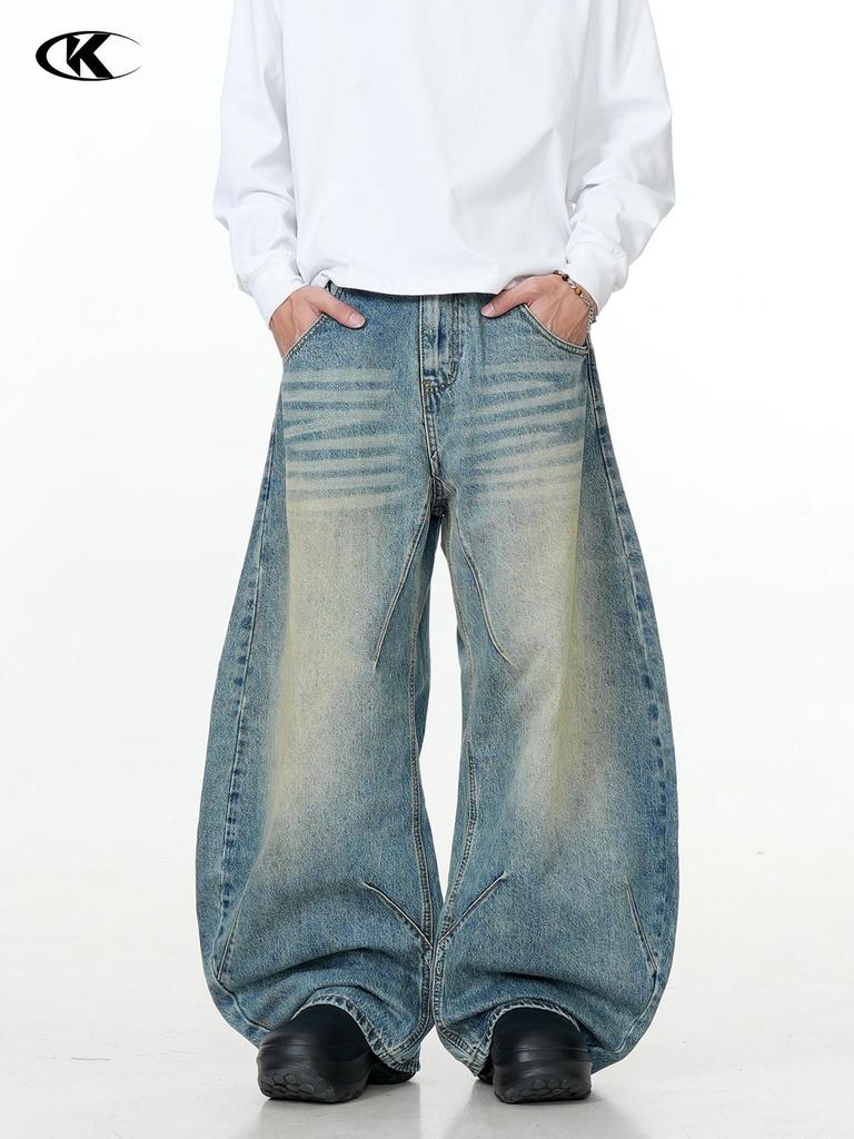 11KN Unisex Retro Blue Wide-Leg Distressed Jeans - Curved Blade Silhouette, Slimming, Loose Fit, Washed Casual Long Pants