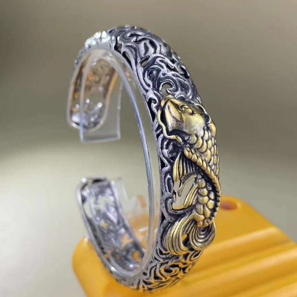 Yamagata Silver Men's Retro Open Bracelet with Miscolored Koi Arabesque Design