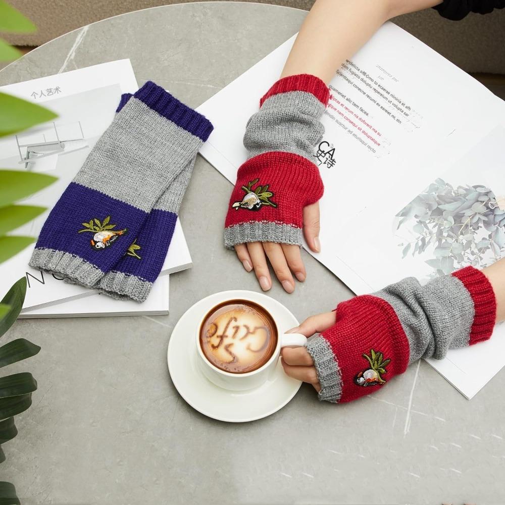 Soft Knitted Fingerless Gloves Embroidered Bird Y2k Winter Mittens Half Finger Gloves  Women