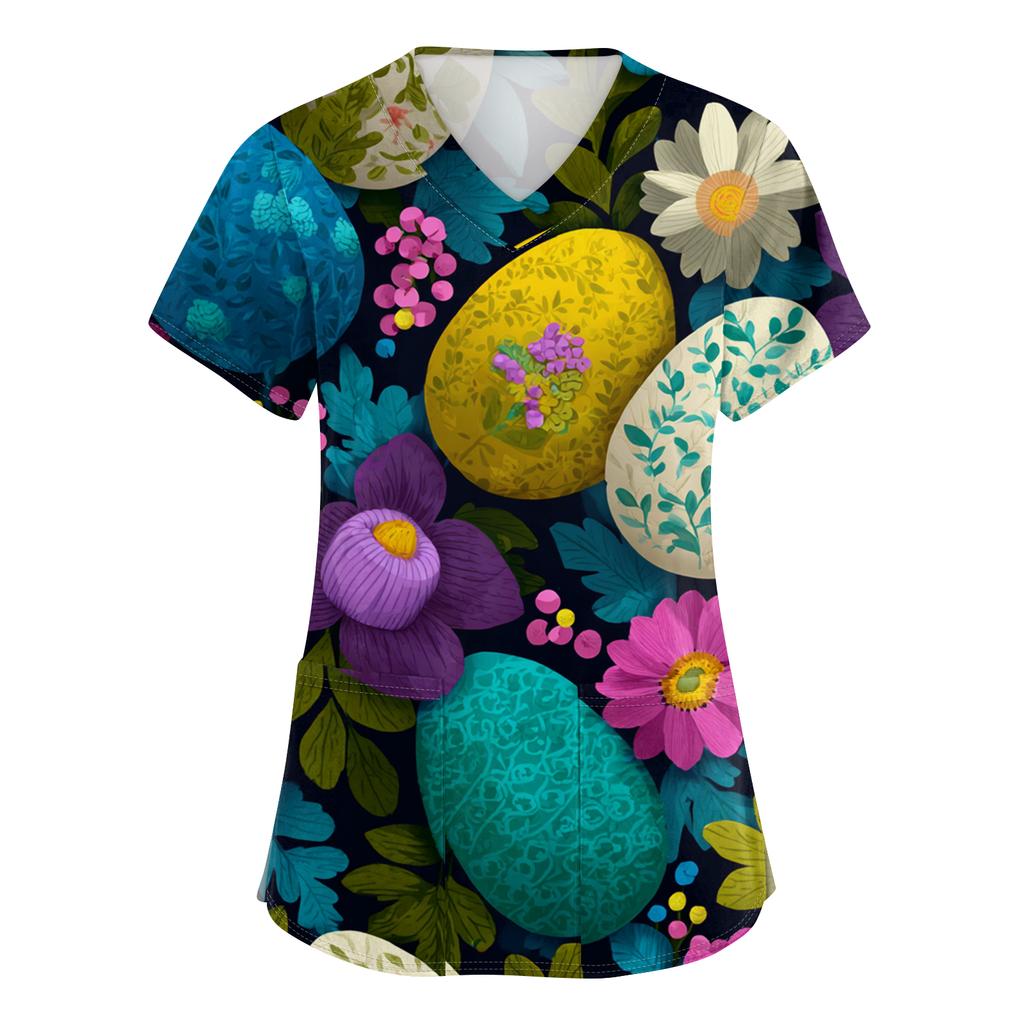 Damenmode V-Ausschnitt Kurzarm Arbeitskleidung Mit Taschen Osterdruck Oberteil Pflegekraft Uniform