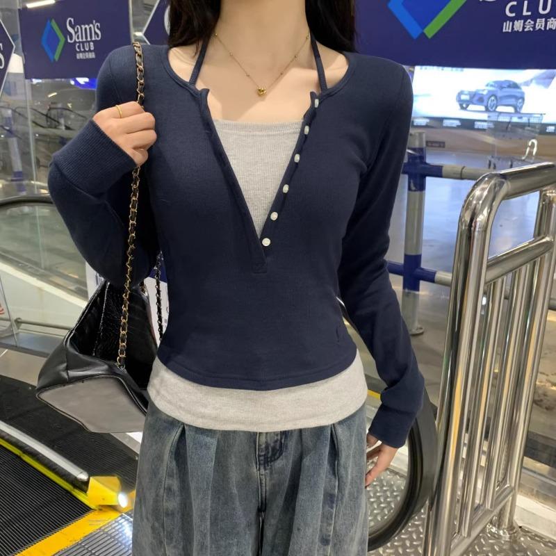 Spring Autumn Fake Two Pieces Slim T-shirt Women Long Sleeve Casual Fashion Patchwork Bottomed Halter Tee Top