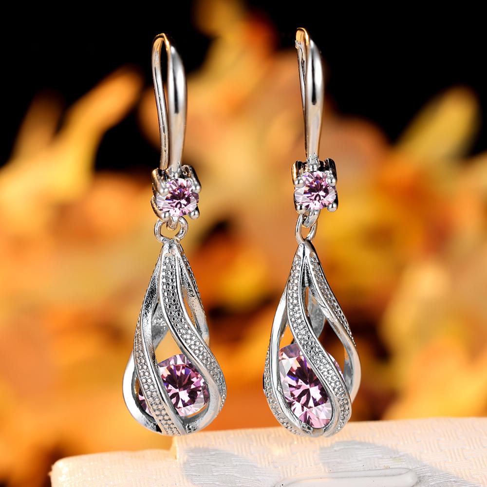Cute Female Red Zircon Stone Water Drop Dangle Earrings for Women Silver Color Vintage Bridal Wedding Engagement Jewelry