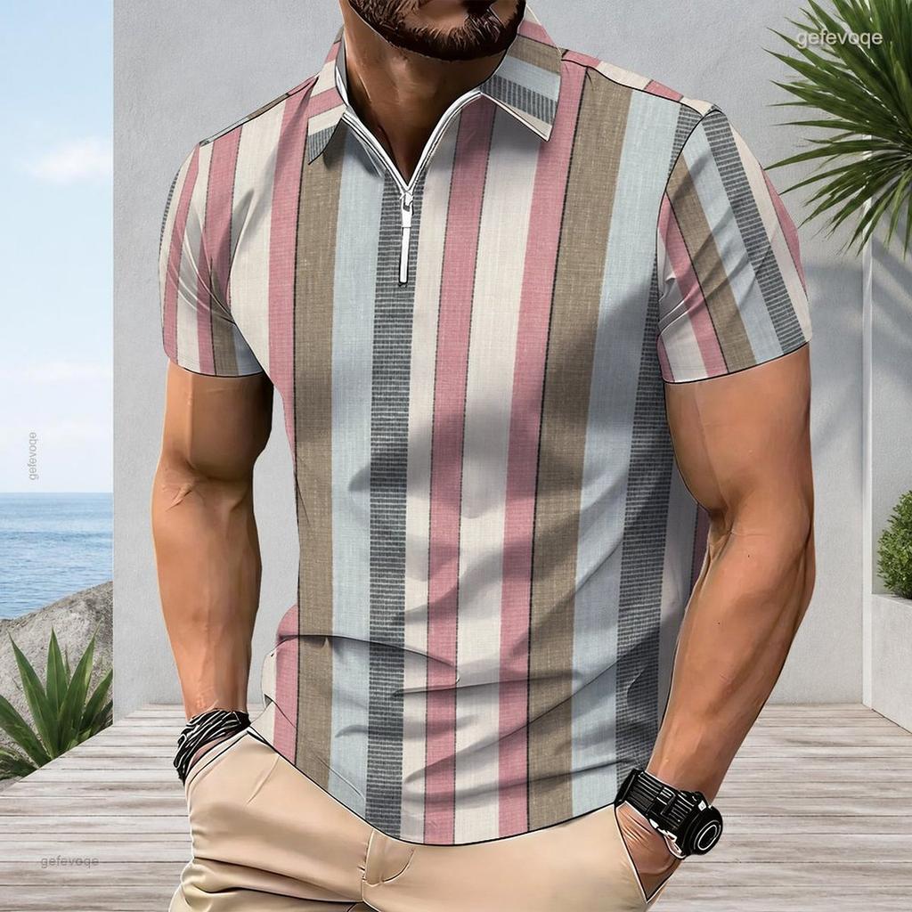 Men Plus Size Short Sleeve Quarter Zip Collared Polo Shirt White With Blue Floral Printed