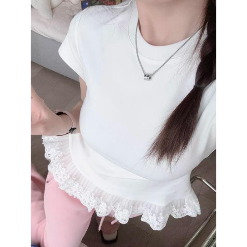 Summer new lace heavy industry hem splicing slim T-shirt women s foreign style round neck versatile and thin top M белый