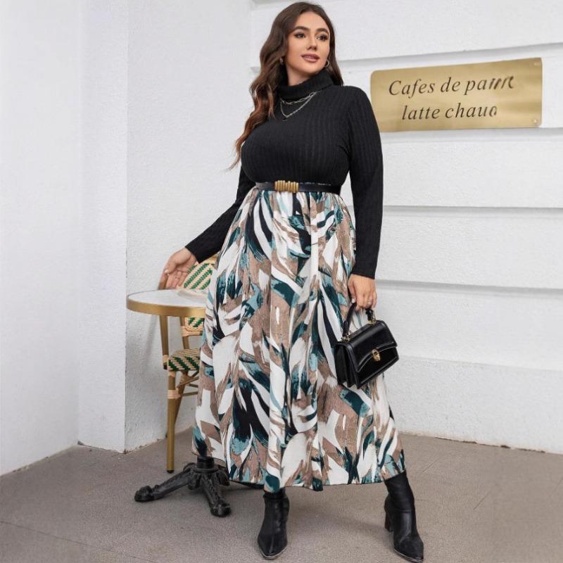 Plus Size Women's New Autumn Printed Color Matching High Neck Waist Dress