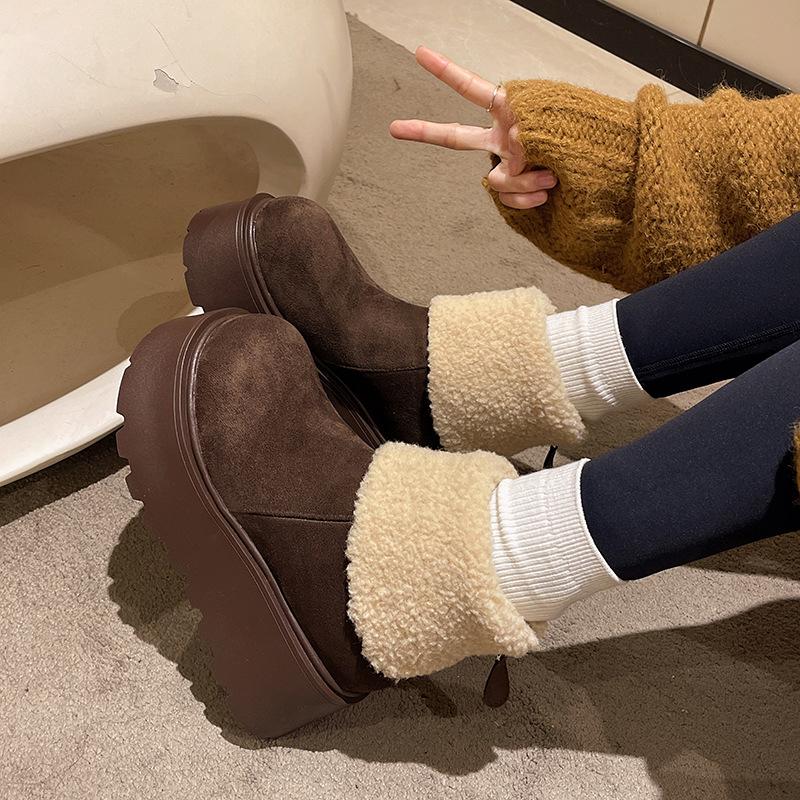 2025 New Winter Cotton Shoes Heightened Ugly Snow Boots Women's Fashion Warm and Velvet Thick-soled Big-headed Fluffy Short Boots