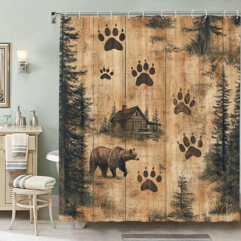 Bear And Cabin Theme Shower Curtain 12 Hooks Suitable For Room Home Hotel Machine Washable Window Curtains Bathroom One Piece