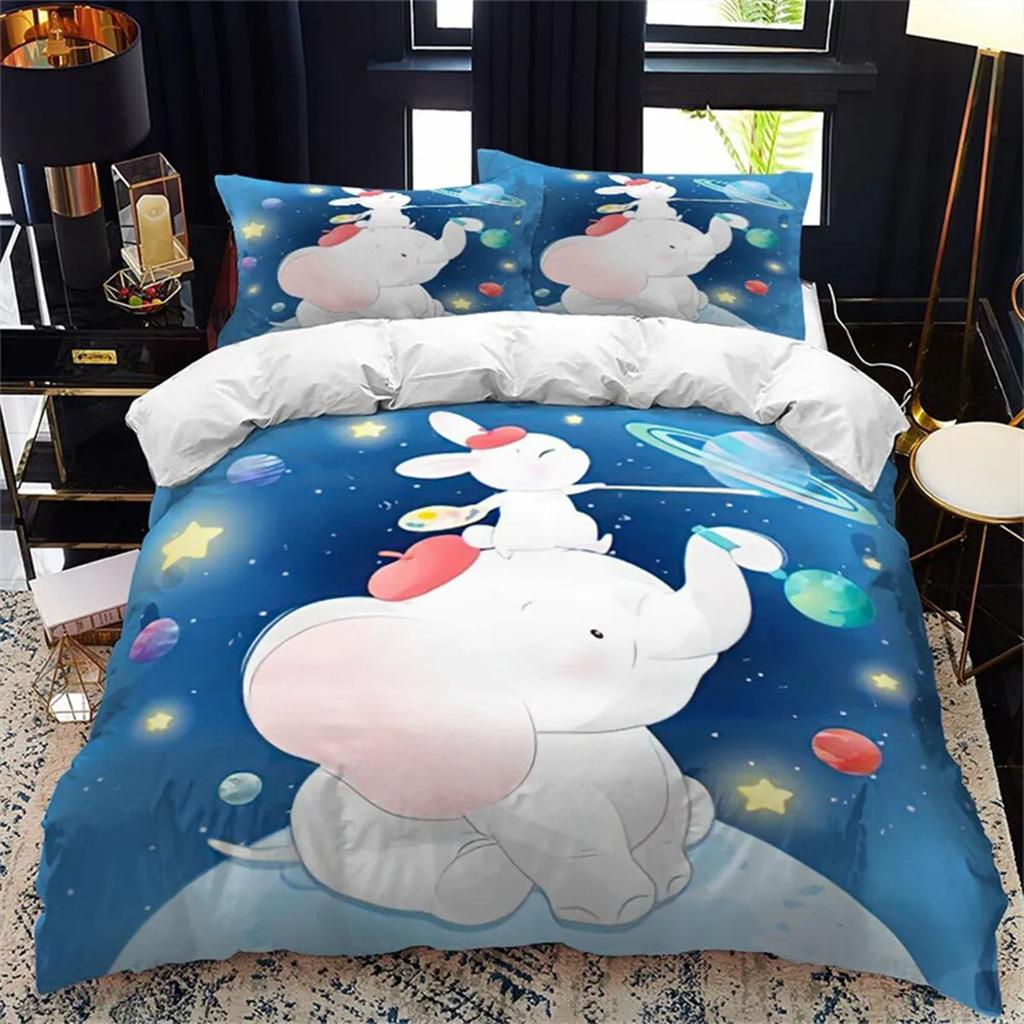 Boys Girls Kawaii Elephant Duvet Cover Cute Animals Quilt Cover Queen Size Soft Microfiber Cartoon Bedroom Decorations Children