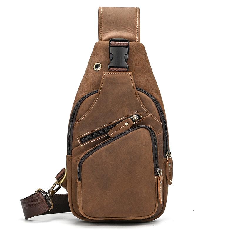 Crazy Horse Leather Breast Bag Men'S Casual Retro Oblique Span Bag First Layer Cowhide Shoulder Bag Commuter Outdoor Leisure Bag
