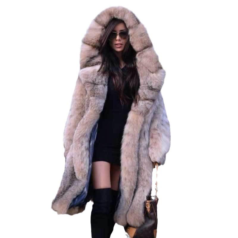 2023 Women's Mid-Length Hooded Faux Fur Coat - European & American Style for Autumn/Winter