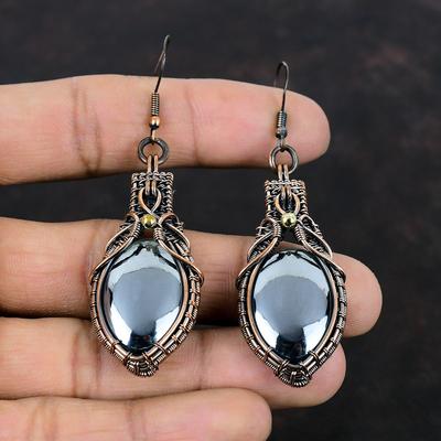 Şungit Küpe Bakır Tel Sarılmış Küpeler El Yapımı Gerçek Değerli Taş Küpe Bakır Takı Damla Küpe Yıldönümü Hediyeleri Tel Sarılmış Takı
