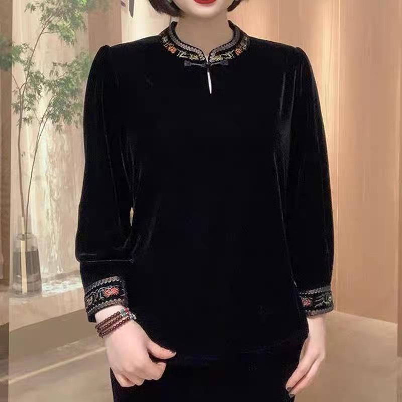Elegant Embroidered Gold Velvet Stand-Up Collar Top for Mature Women, Plus Size, Tummy-Concealing