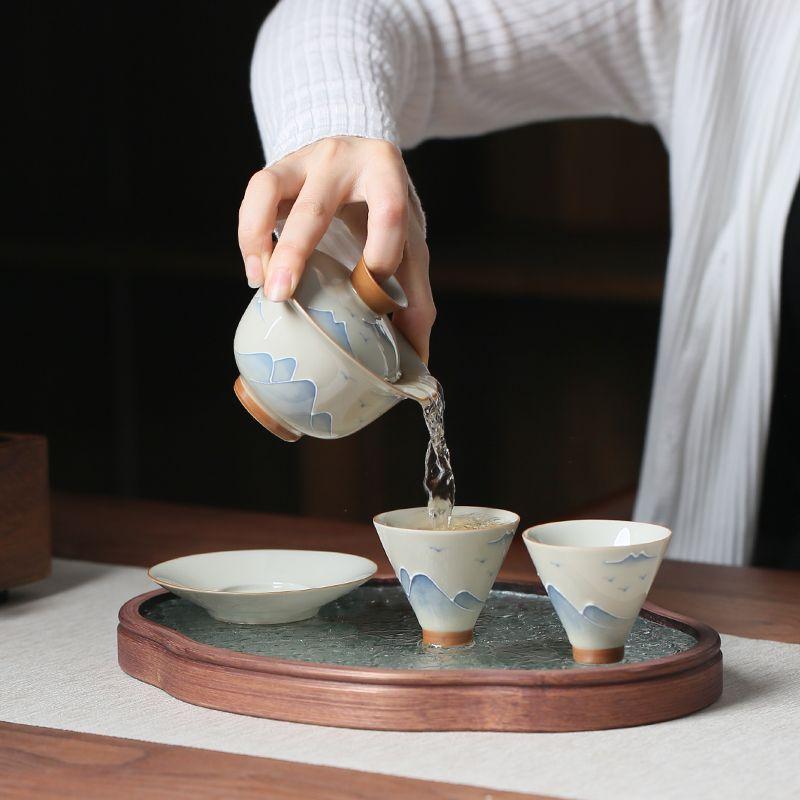 Hand-Painted Landscape Ceramic Tea Cup, Plant Ash Glaze & Underglaze Color, Bamboo Hat Design for Gongfu Tea Ceremony Home Decor