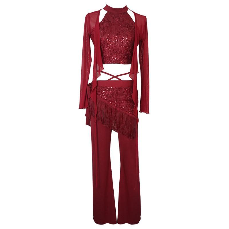 Belly Dance Costume Set With Sequins Women - Stretchy Spandex Performance Outfit In Wine Red Champagne