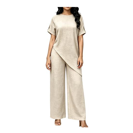 

Women s Summer Casual 2 Piece Sets Short Sleeve Crew Neck Asymmetry Hem Top And Long Pants Lounge Outfits M абрикосовый