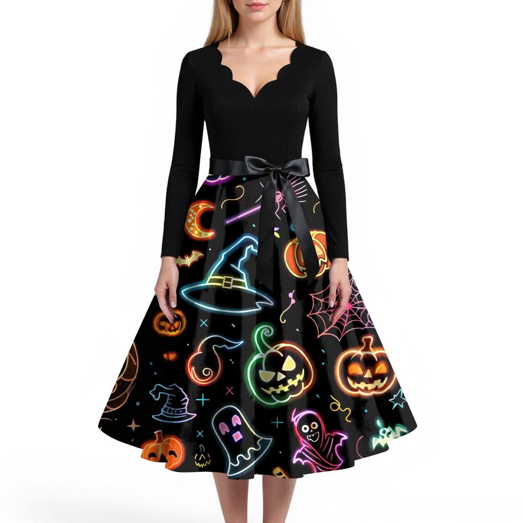 Women's Casual And Fashionable V-neck Long-sleeved Halloween Printed Dress