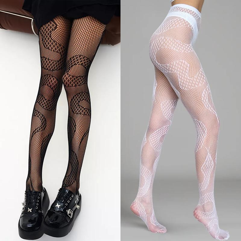 Gothic Schlangenmuster Netzstrümpfe Schwarze Strumpfhose Damen Sexy Nylon Transparent Feinstrumpfhose Y2K Lolita Ausgehöhlte Blumenspitze Cosplay Socken