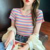New Spice Girl Sexy Pure Desire Striped Short Sleeve T-Shirt Slim and Skinny High Waist Fungus Edge Top ins Women